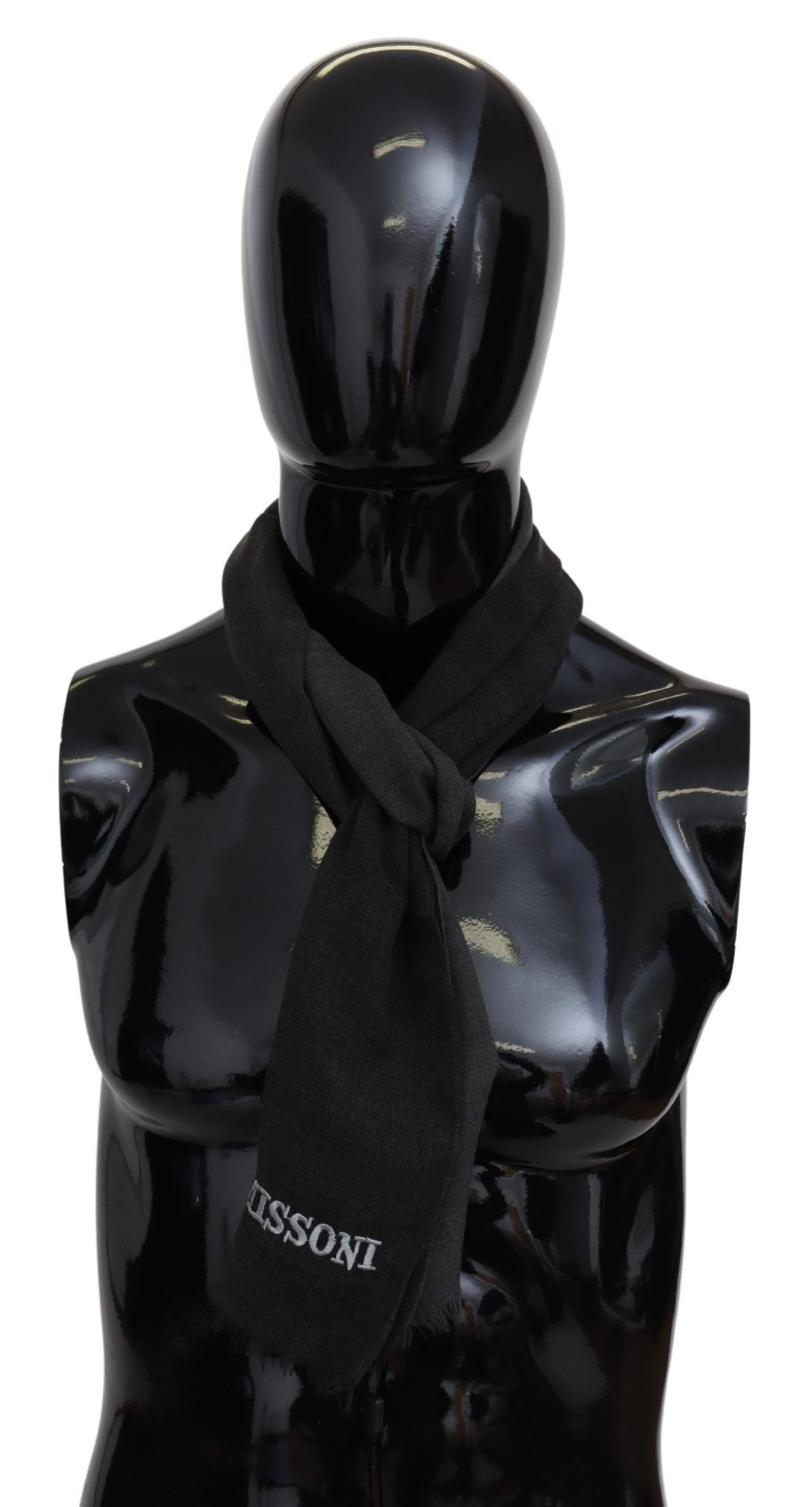 Missoni wool scarf in versatile gray with fringes and logo embroidery