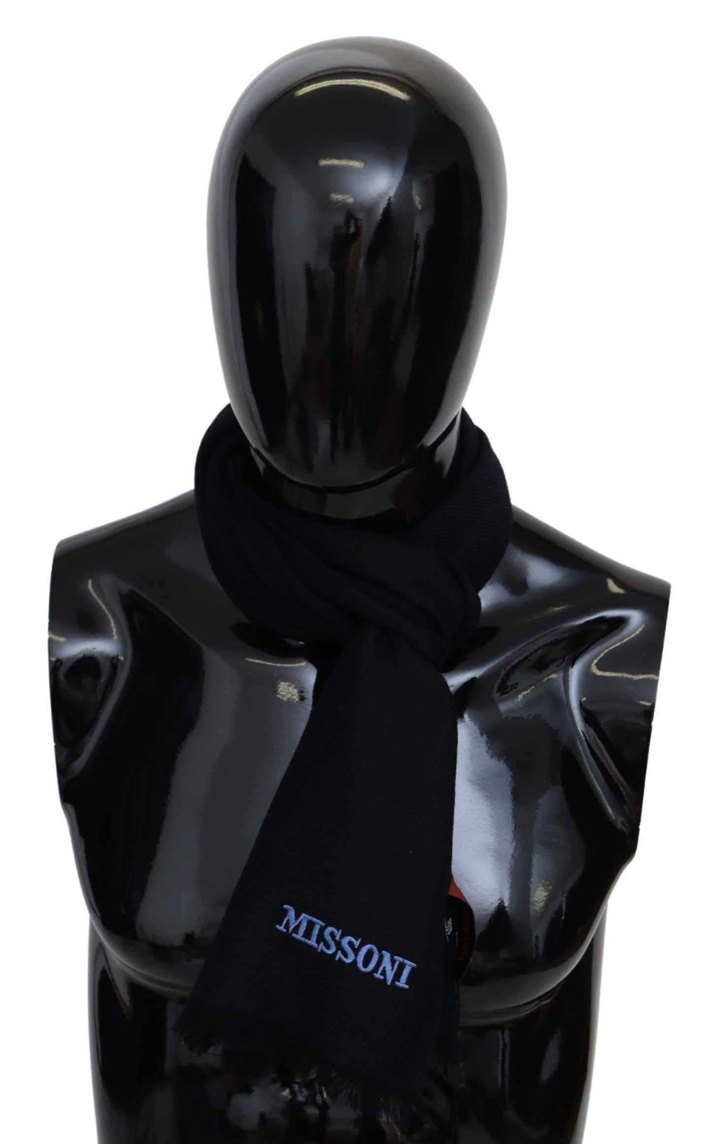 Luxurious black wool scarf with subtle fringes and brand logo embroidery