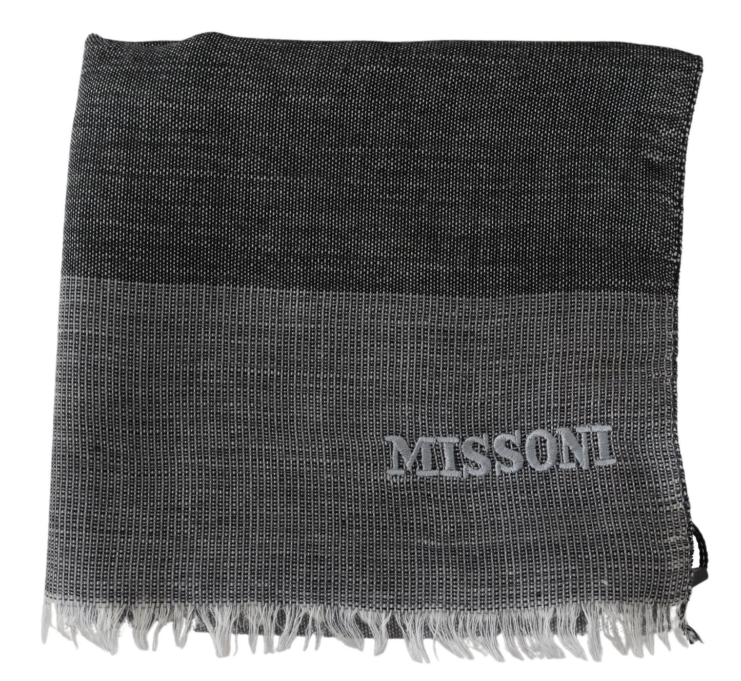 Chic Missoni Wool Scarf in Gray with Fringes and Logo