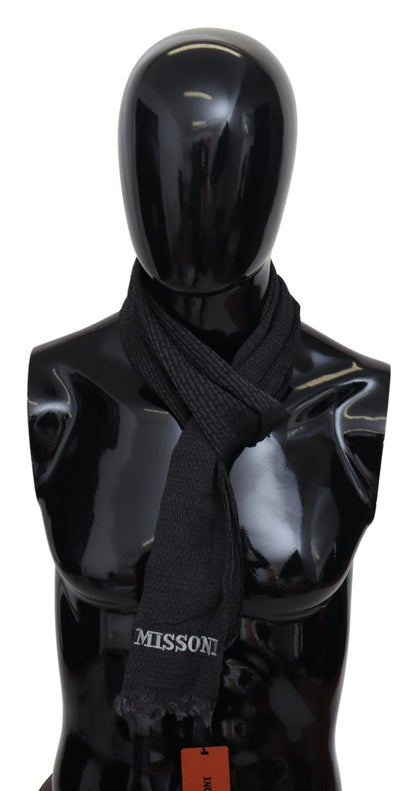 Elegant black wool fringed scarf with brand logo embroidery 
