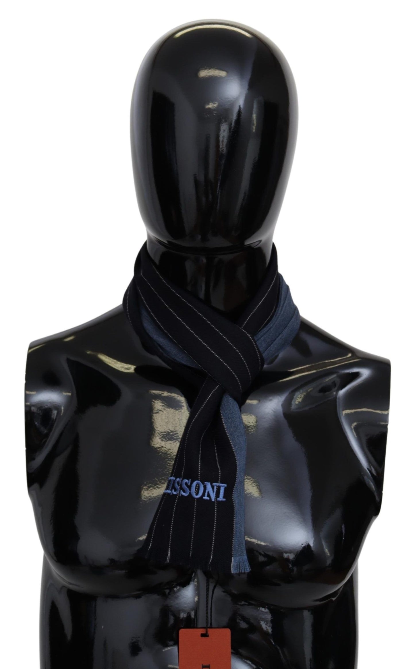 Exquisite Missoni Chic Striped Wool-Silk Unisex Scarf with Black and Blue Stripes and Fringes