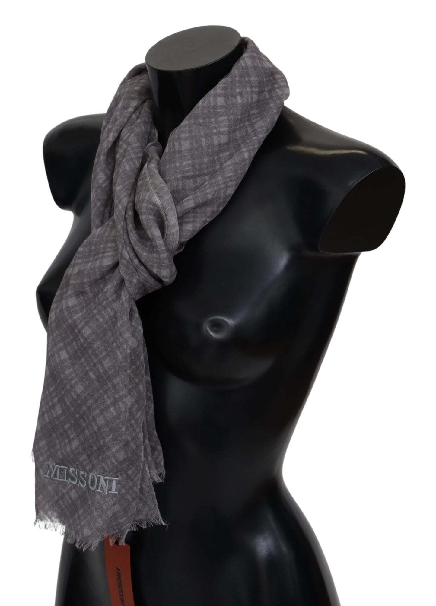 Luxurious unisex wool-silk blend scarf with classic plaid pattern and brand logo embroidery
