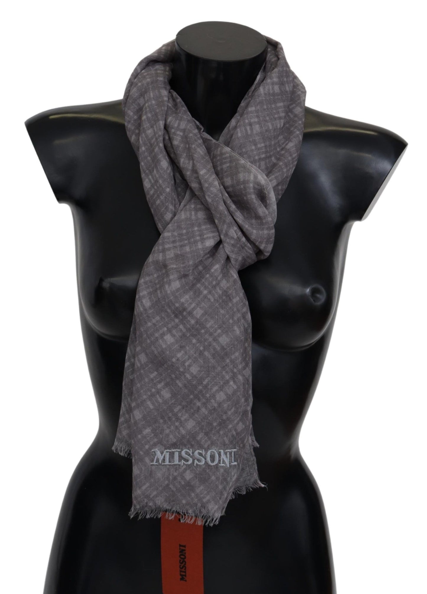 Missoni Elegant Wool Silk Blend Plaid Scarf in Gray with Fringes and Logo Details