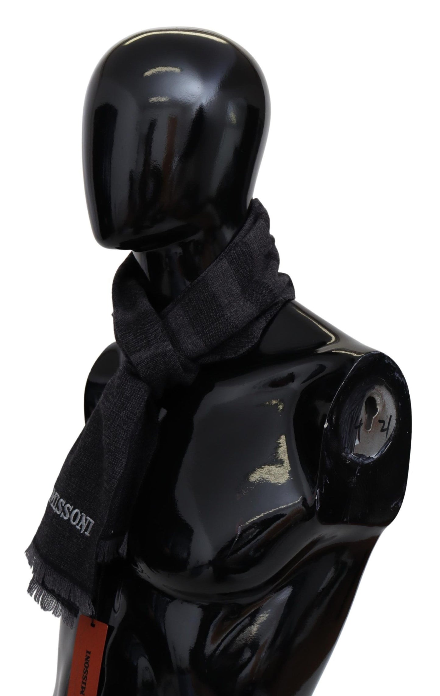 Luxurious unisex black wool scarf with fringes and iconic brand details