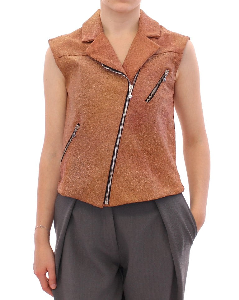 Exquisite sleeveless vest jacket in rich brown leather from La Maison du Couturier