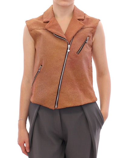 Exquisite sleeveless vest jacket in rich brown leather from La Maison du Couturier
