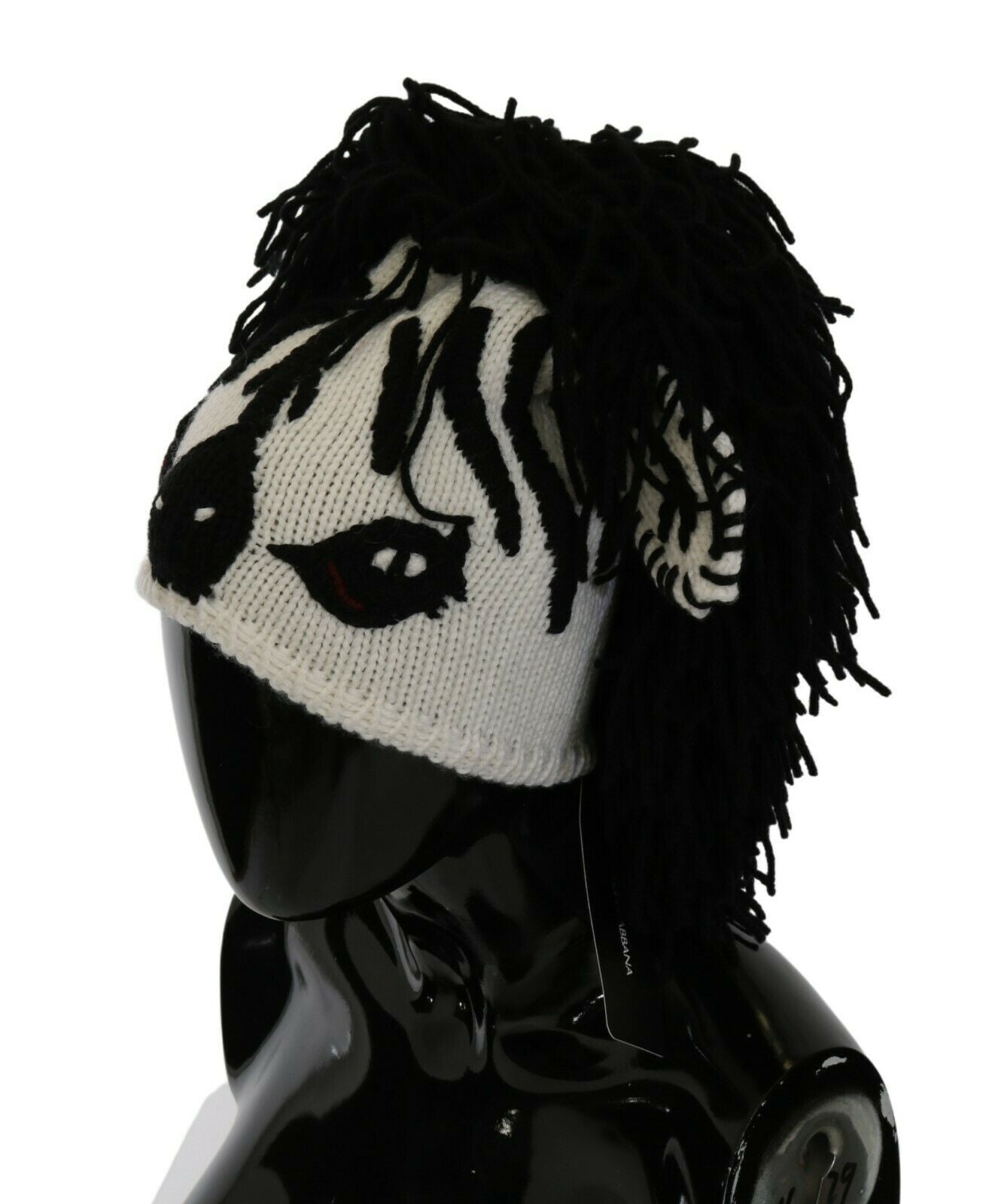 Luxurious black and white knitted beanie made of cashmere, wool, and acrylic