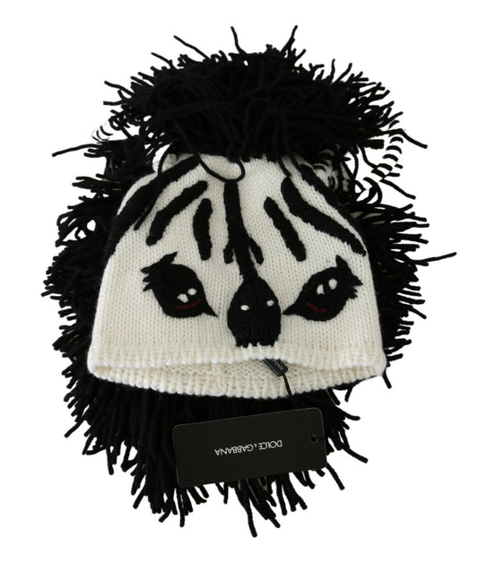 Dolce & Gabbana Black and White Knitted Cashmere Beanie with Animal Design