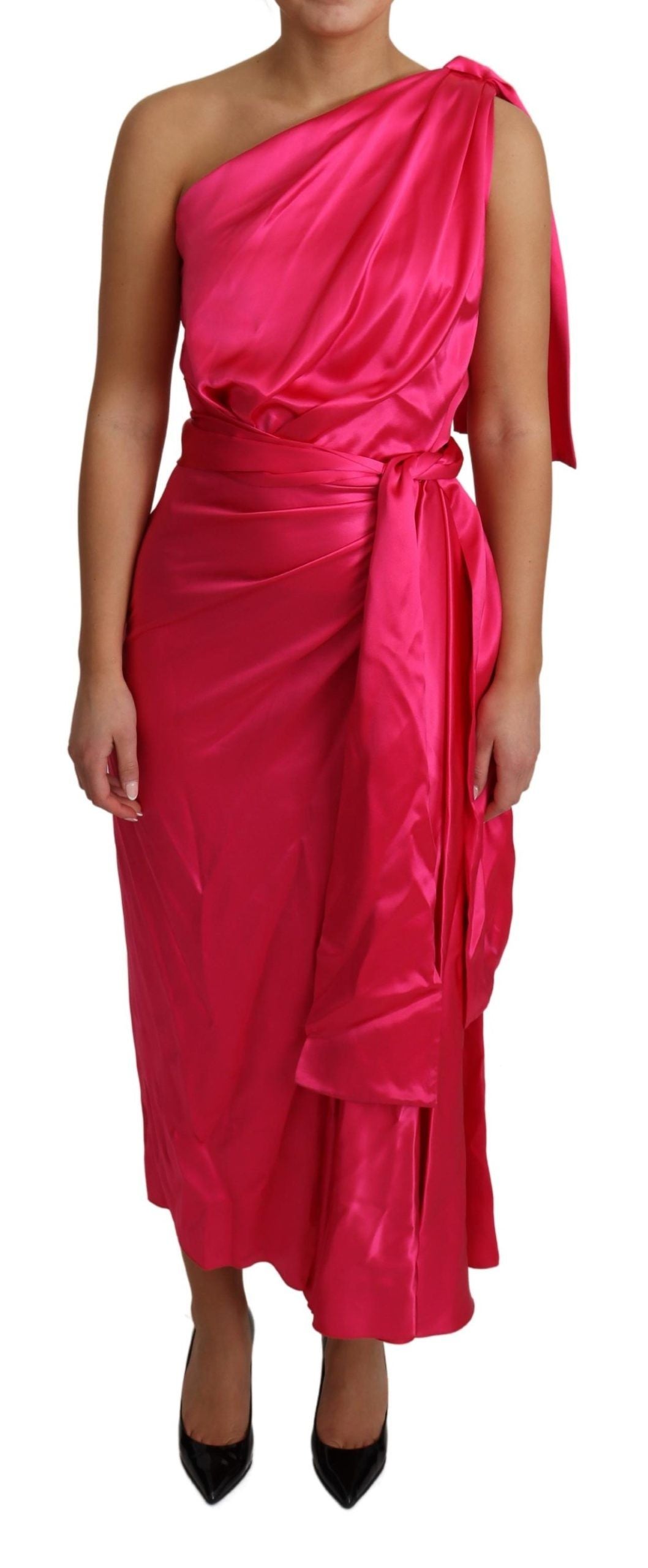 Dolce & Gabbana elegant fuchsia silk one-shoulder wrap dress with stunning design and luxurious fabric