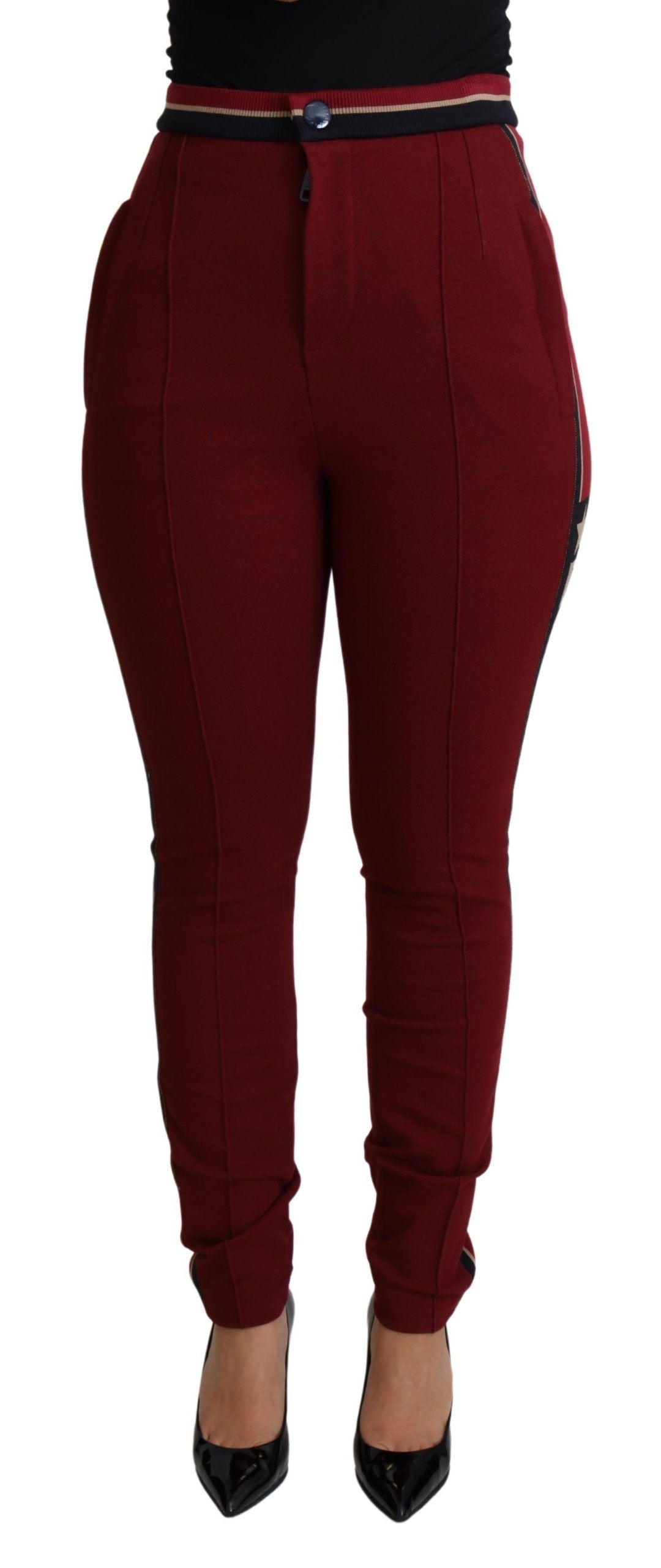 Dolce & Gabbana High-Waist Embroidered Red Skinny Trousers with DG stars embroidery