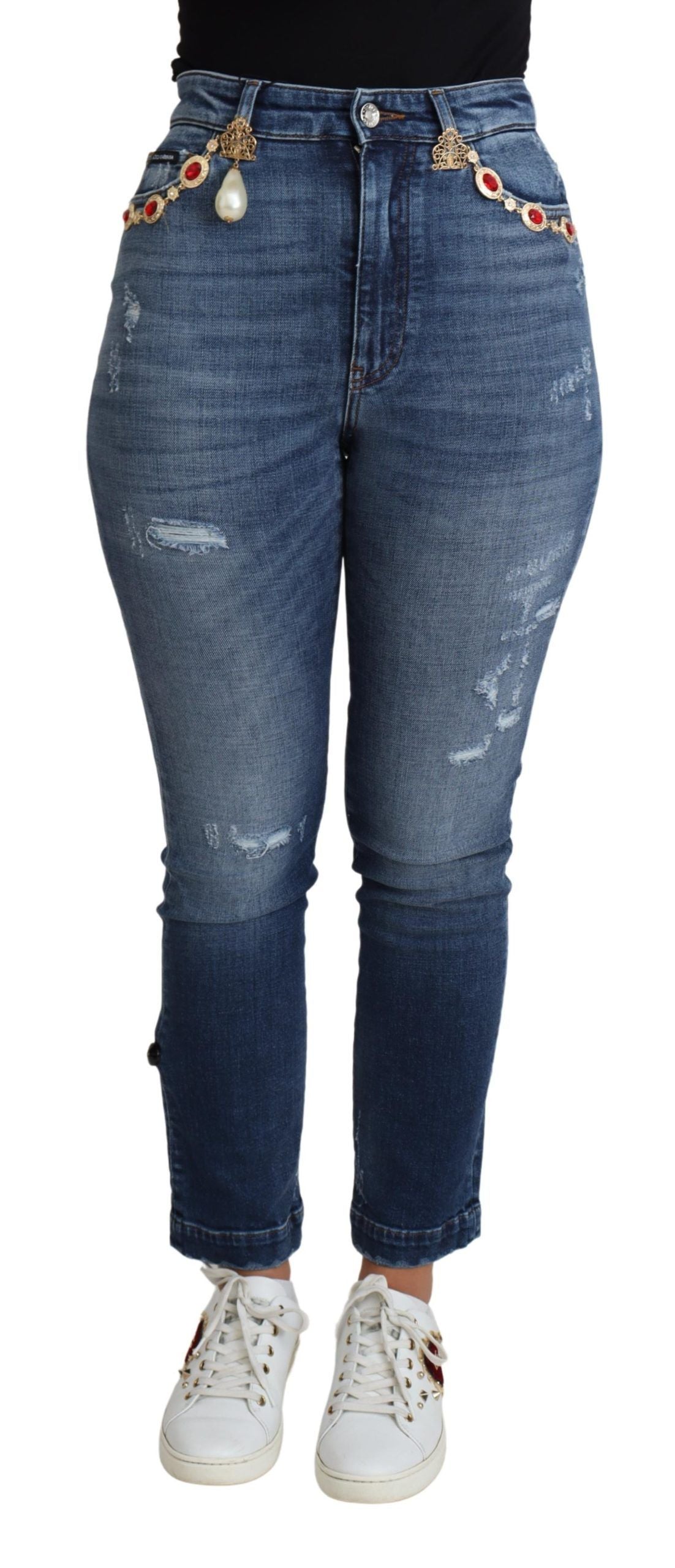 Dolce & Gabbana high waist skinny denim jeans in blue with logo embellishments