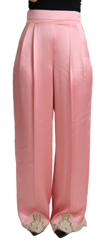 Dolce & Gabbana pink silk blend satin wide-leg pants with lace trim and zipper closure