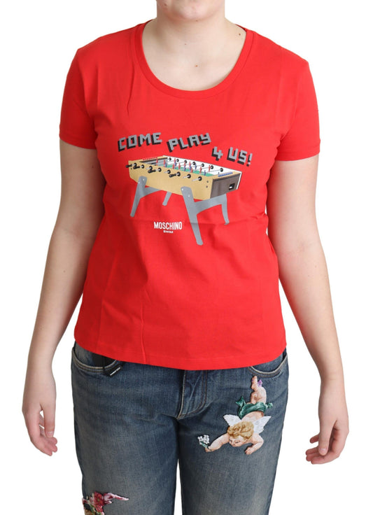 Vibrant red tee featuring ‘Come Play 4 Us’ print from Moschino collection