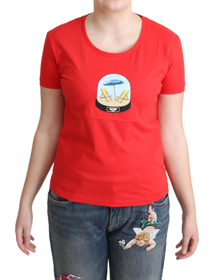 Moschino Chic Red Cotton Tee with Signature Print, front view