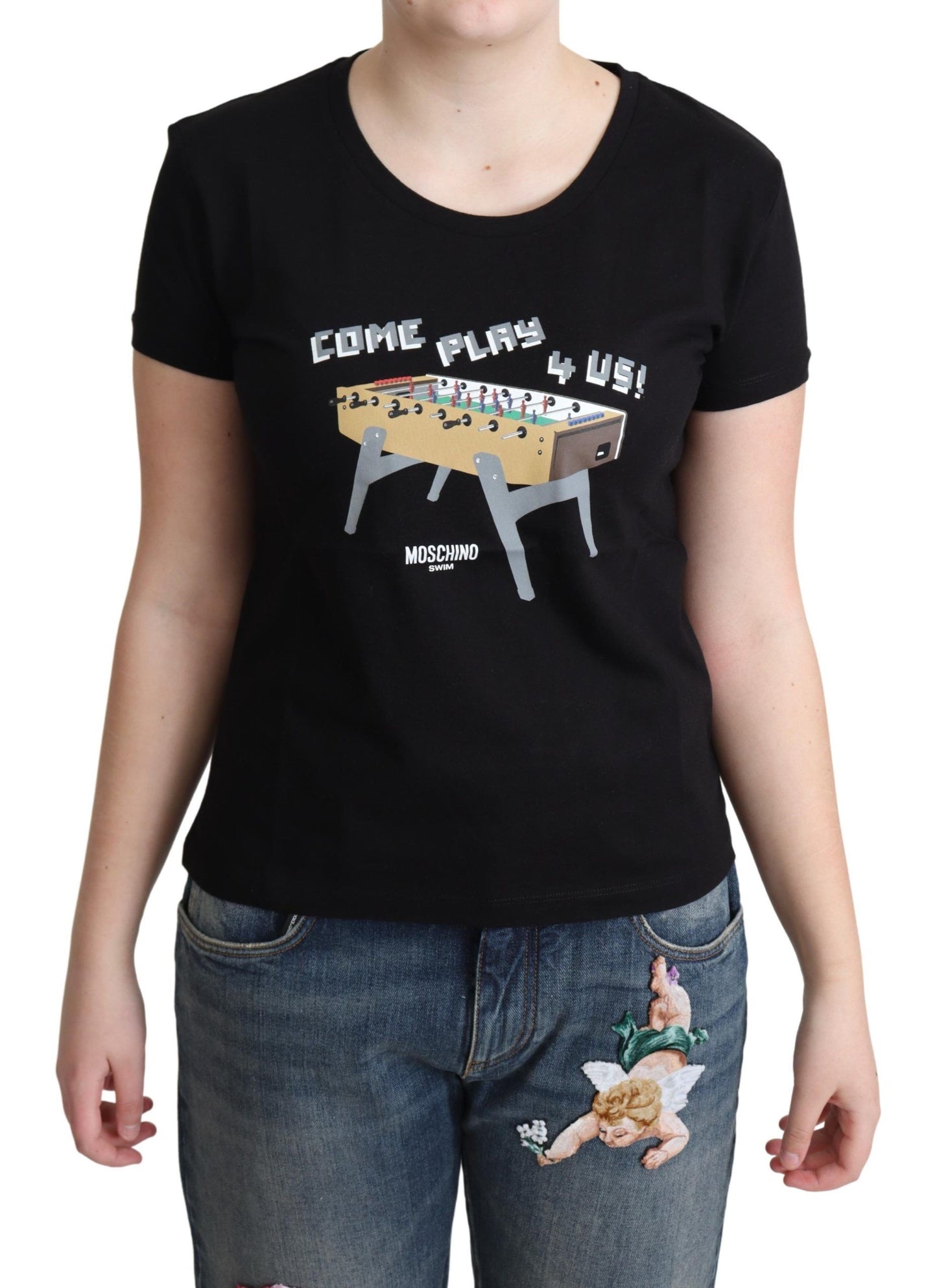 Whimsical ‘Come Play 4 Us’ print on black cotton tee