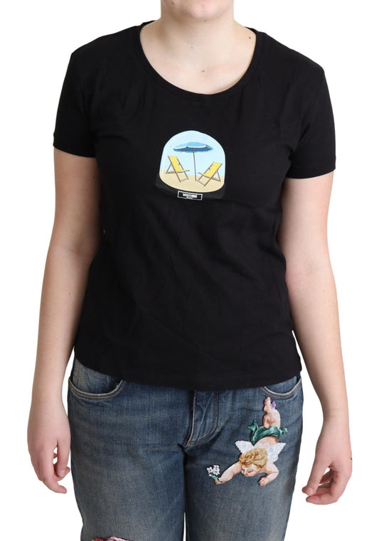 Moschino Chic Black Cotton Round Neck Tee with Iconic Logo