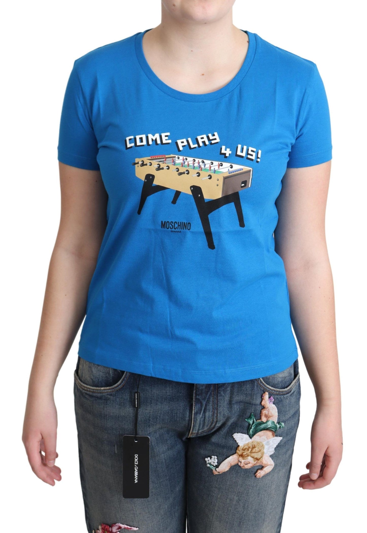 Chic blue Moschino cotton tee with 'Come Play 4 Us' print