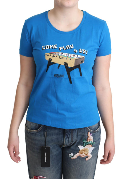 Chic blue Moschino cotton tee with 'Come Play 4 Us' print