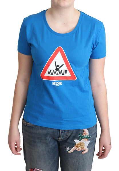 Black cotton tee with triangle graphic and Moschino logo design