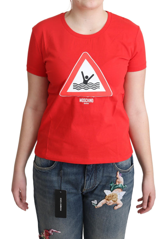 Chic Red Graphic Cotton Tee with triangle swim graphic print
