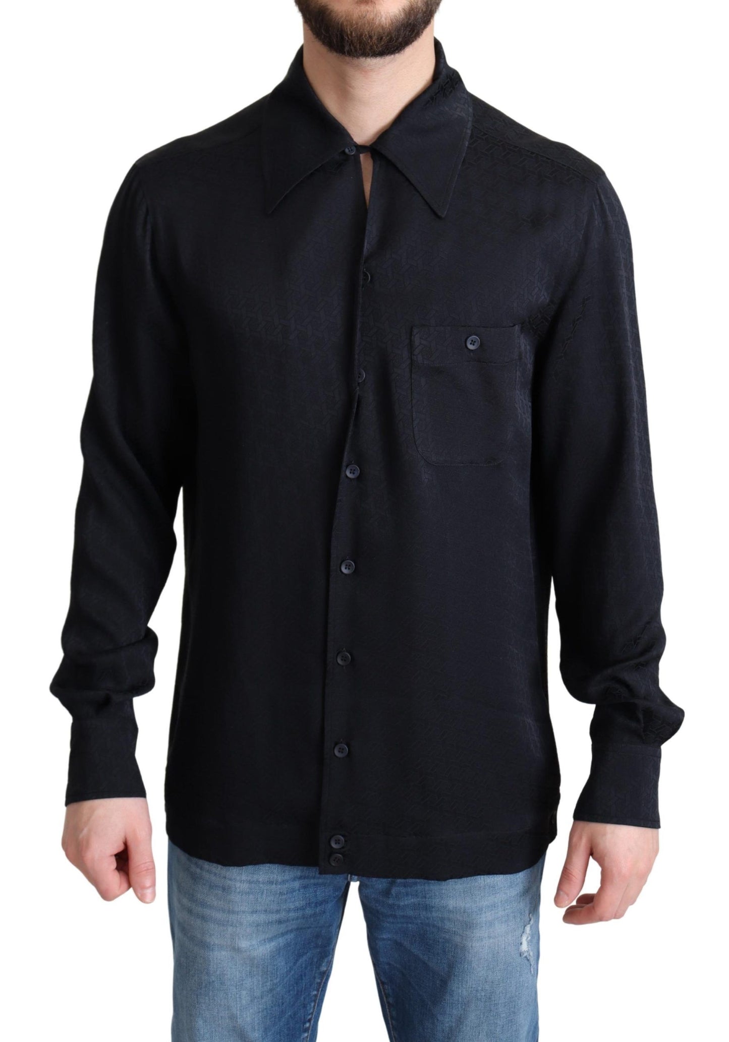 Dolce & Gabbana white Jacquard Silk Casual Shirt with spread collar and long sleeves