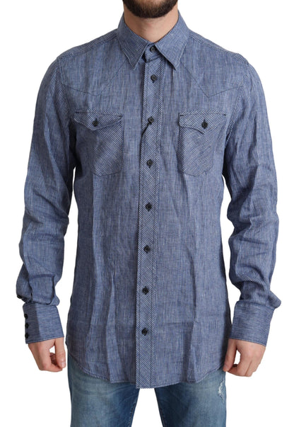 Dolce & Gabbana GOLD striped linen casual shirt in blue color
