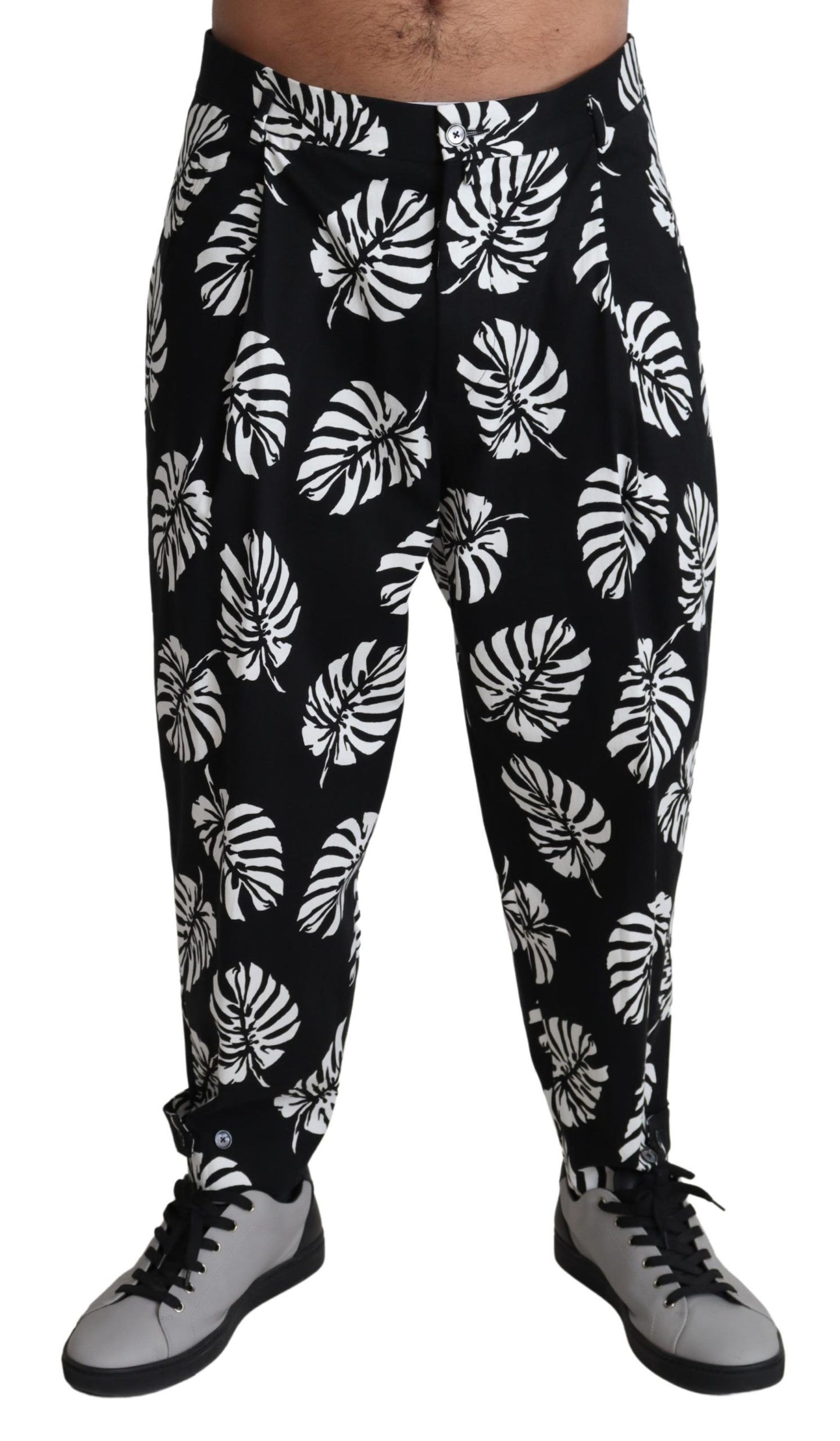 Exquisite black and white palm leaf print cotton trousers by Dolce & Gabbana