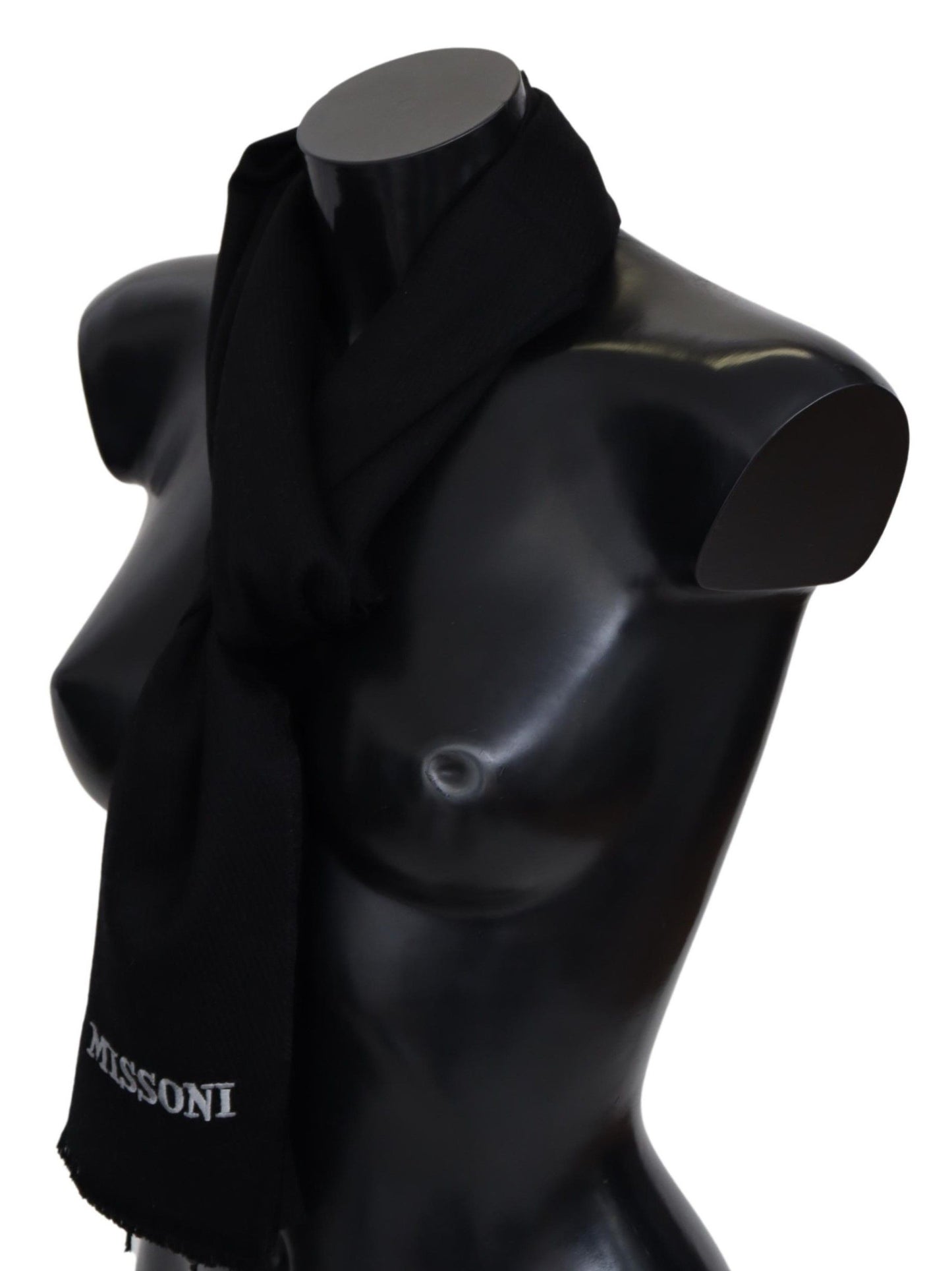 Luxurious black wool Missoni scarf with delicate logo embroidery, 180cm x 29cm, Gender-neutral, Fringe details