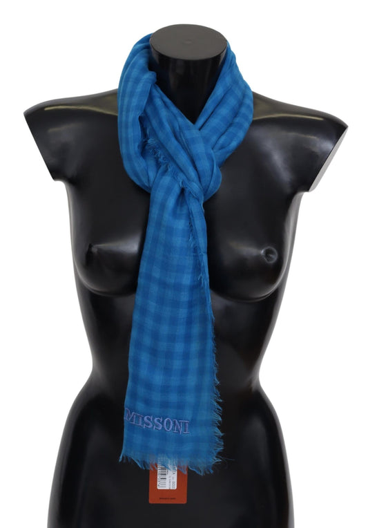 Exquisite blue Missoni cashmere scarf with sophisticated checkered pattern