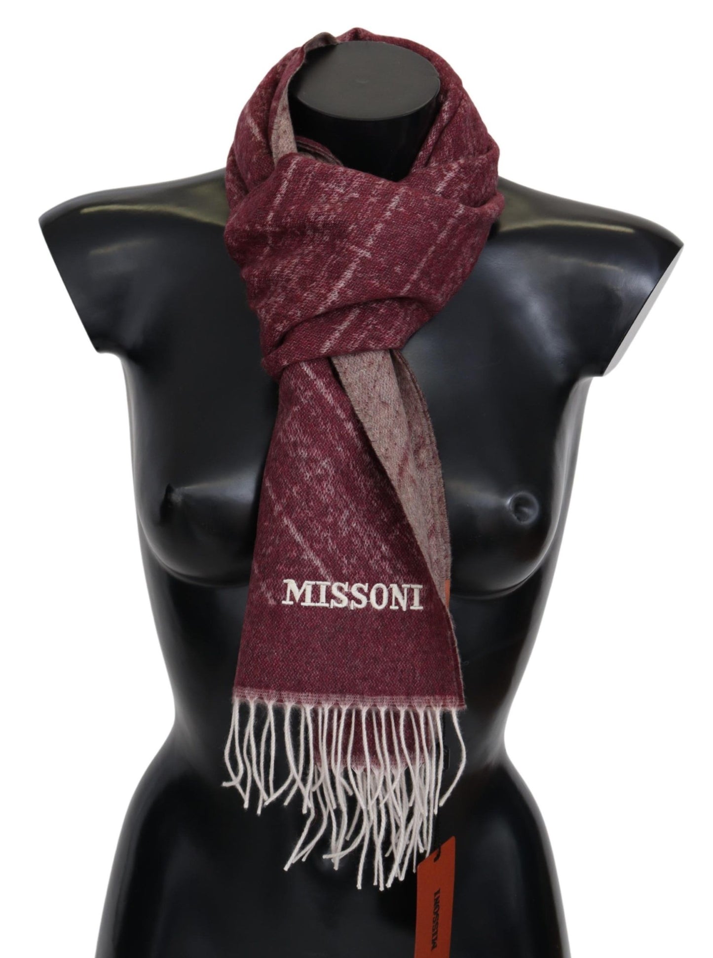 Elegant maroon cashmere scarf with fringe details and Missoni logo embroidery