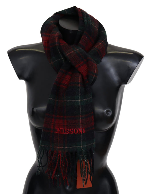 Missoni Elegant Check Wool Scarf in Black and Red with Fringes and Logo Embroidery
