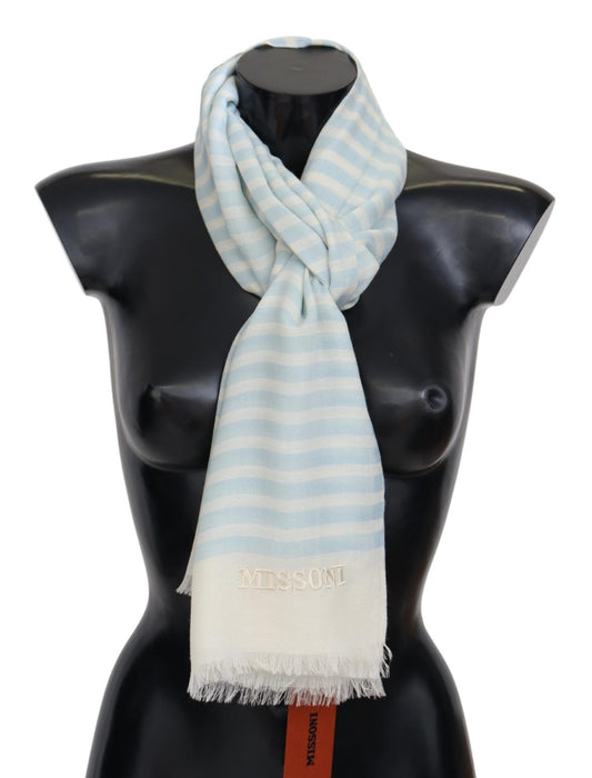 Elegant blue and white Missoni cashmere scarf with linear design