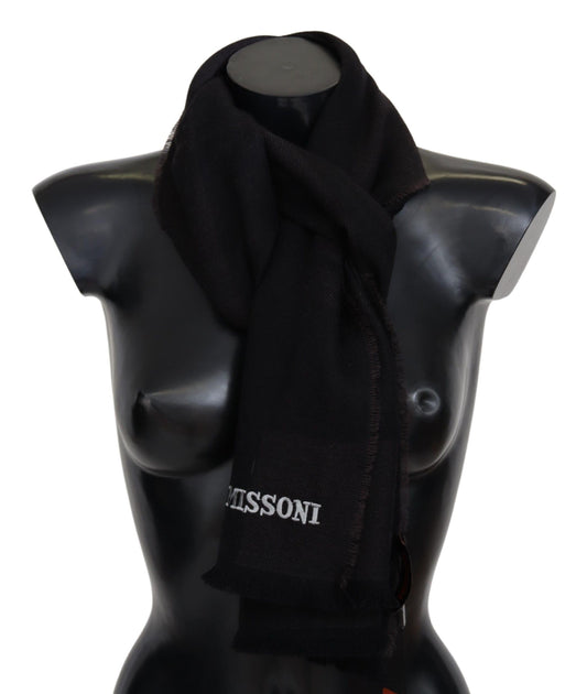 Exquisite black wool scarf with iconic Missoni logo embroidery