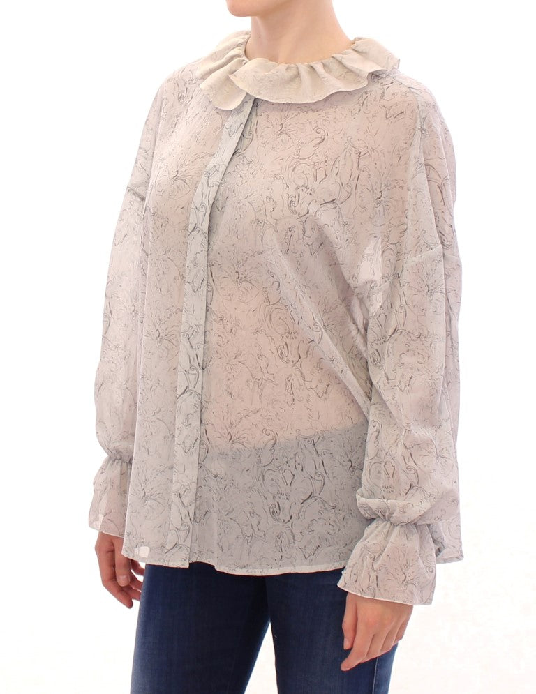 Elegant Long Sleeve Blue Blouse with Designer Logo Details