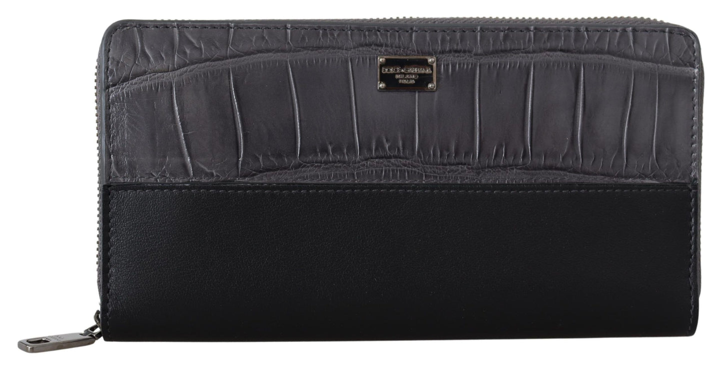 Dolce & Gabbana black and gray textured leather zip-around wallet with logo plaque 