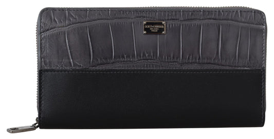 Dolce & Gabbana black and gray textured leather zip-around wallet with logo plaque 