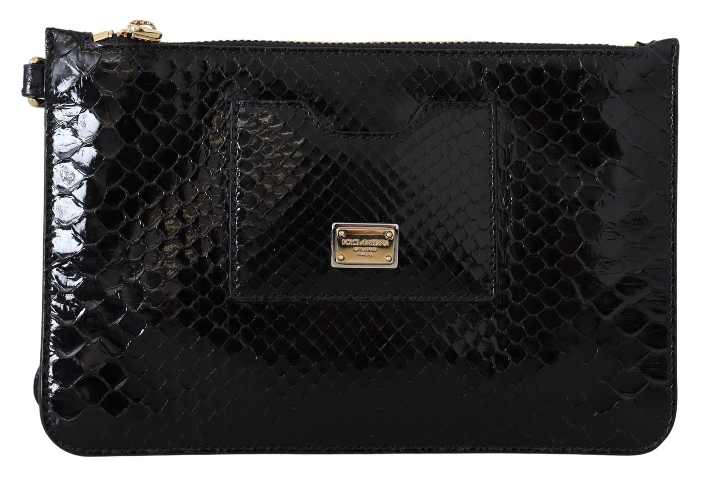 Exotic black leather wristlet wallet with python pattern and gold hardware