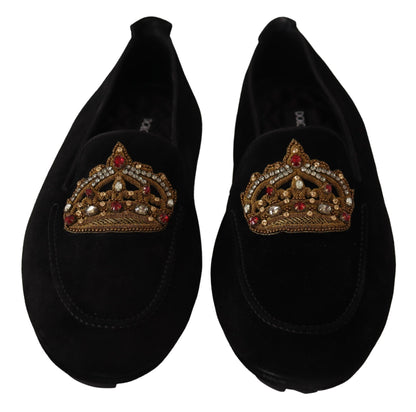 Exquisite black leather loafer slides with opulent gold crystal embroidery