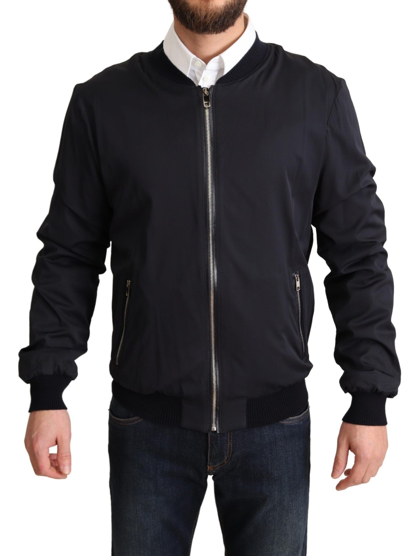 Dolce & Gabbana Elegant Silk Blend Bomber Jacket in Dark Blue