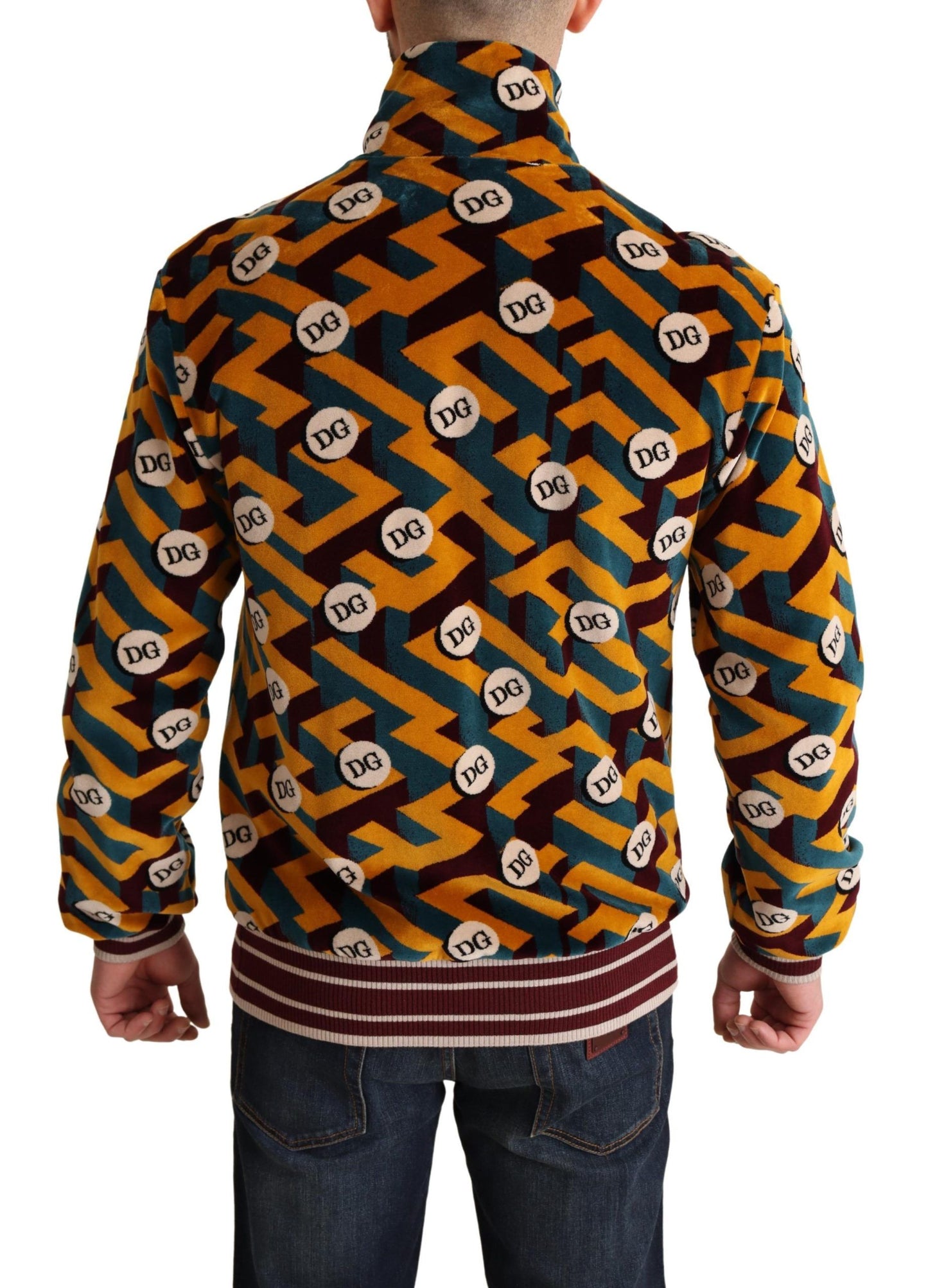 Italian luxury sweater with rich bordeaux, green, and yellow hues