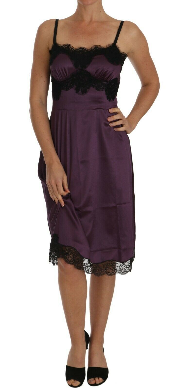 Dolce & Gabbana regal purple silk lace chemise dress with black accents 