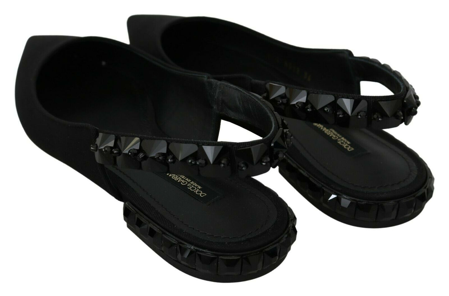 Dolce & Gabbana elegant slingback flats with black crystals and leather sole from Italy