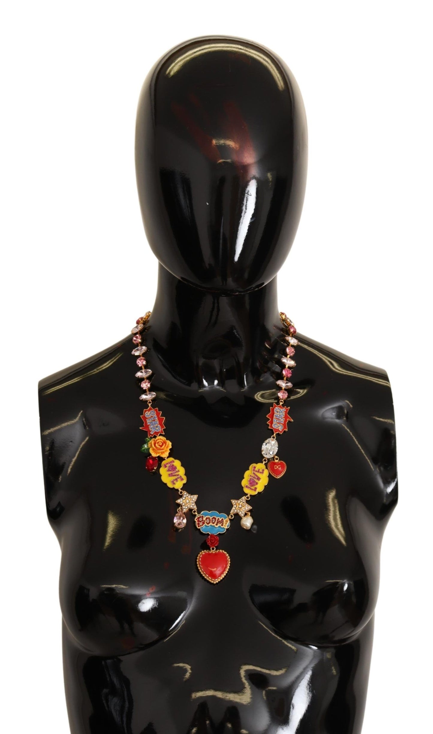 Dolce & Gabbana Chic Fumetti Cartoons Statement Necklace hand-painted roses crystals