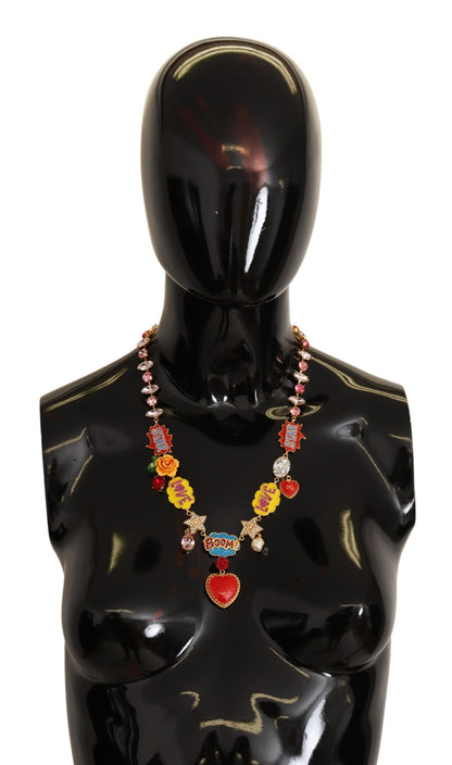 Dolce & Gabbana Chic Fumetti Cartoons Statement Necklace hand-painted roses crystals