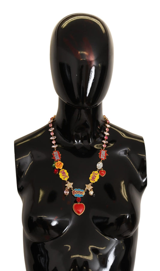 Dolce & Gabbana Chic Fumetti Cartoons Statement Necklace hand-painted roses crystals