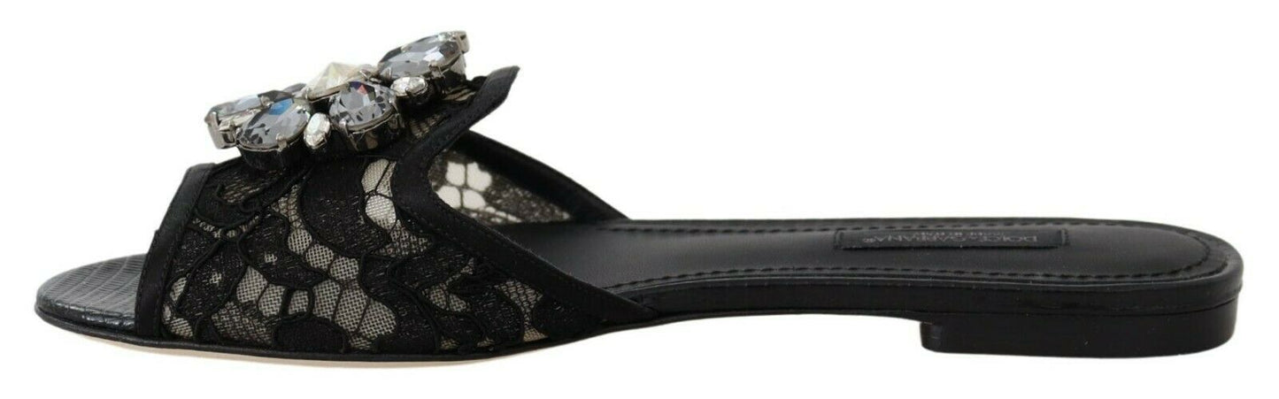 Dolce & Gabbana Elegant Black Lace Mules with Jewel Flower Detail - Luxury Italian designer footwear with intricate lace design and embellished flower detail