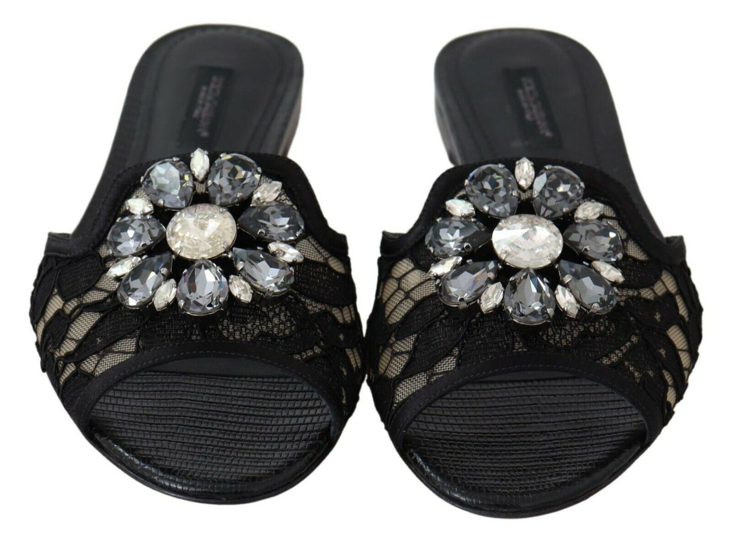 dolce and gabbana elegant black lace mules with jewel flower detail