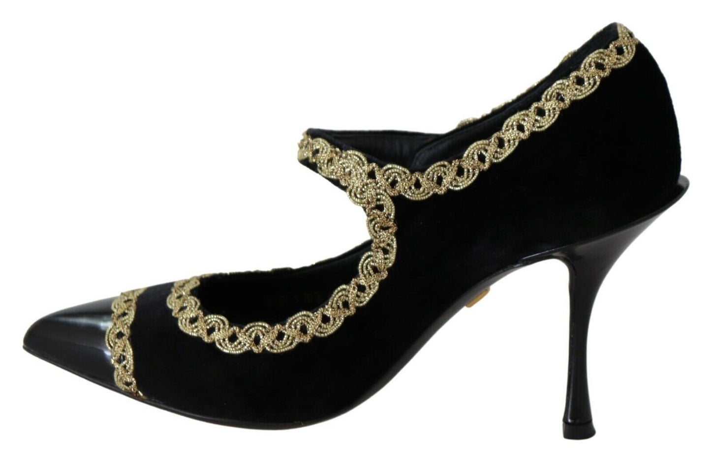 Elegant black velvet pumps with intricate gold embroidery by Dolce & Gabbana