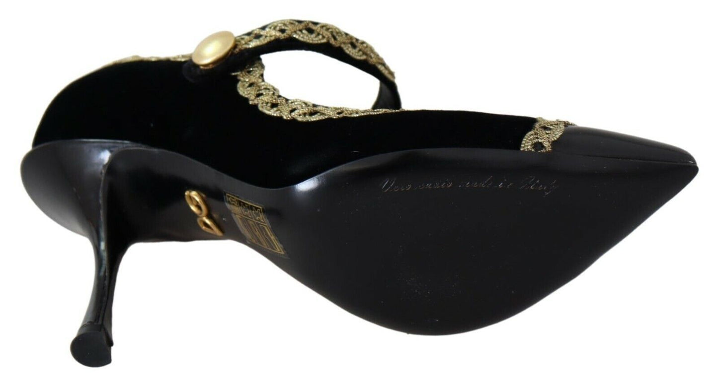 Dolce & Gabbana Elegant Gold-Embroidered Black Velvet Pumps - Luxurious designer footwear