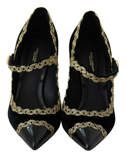 Dolce & Gabbana Elegant Gold-Embroidered Black Velvet Pumps with intricate detailing